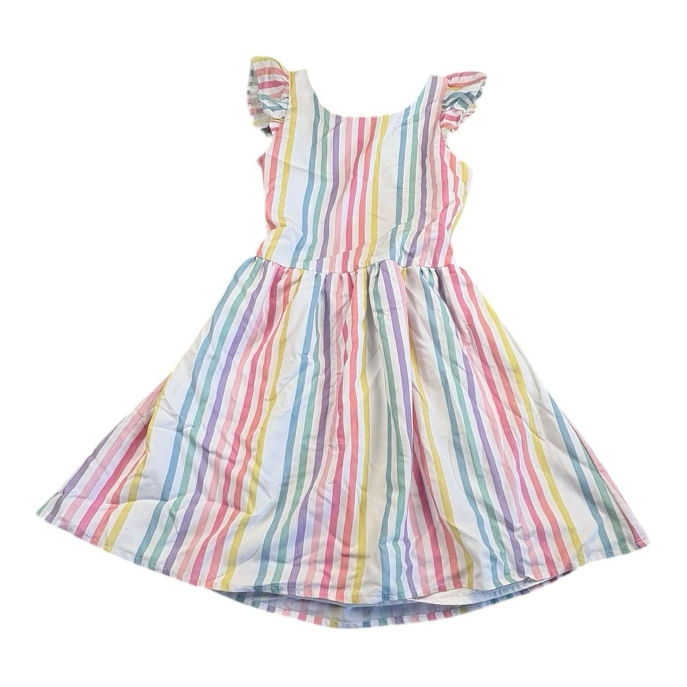 Happy Land Girls Rainbow Stripe Ruffle Dress Size 5 Flutter Sleeve Bow Back